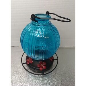Glass Blue‎ Metal Petal Base Garden Yard Hummingbird Outdoor Feeder